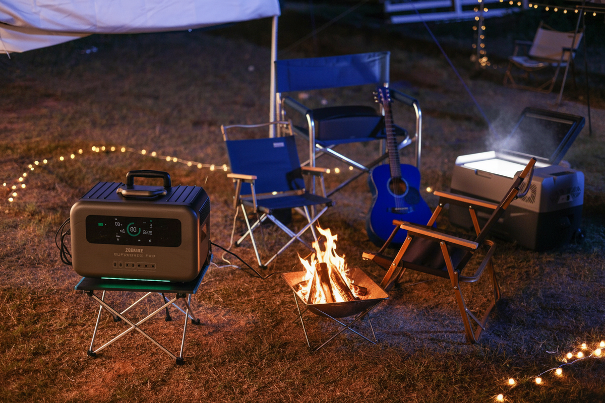 Glamping campsite setup at night in Europe with Bluetti portable power station running a campfire, electric cooler, string lights and acoustic guitar — off-grid outdoor event power solution available in Europe
