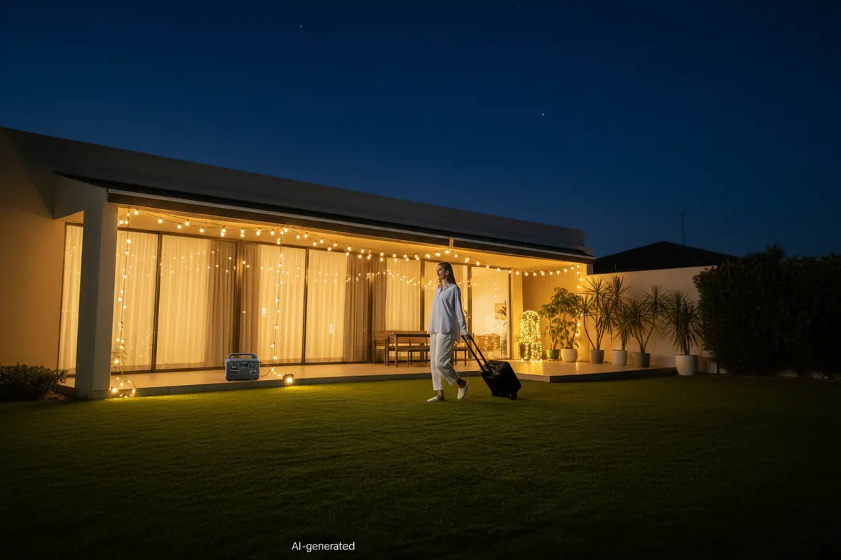 A sleek portable power station illuminating decorative string lights on a modern villa patio at night. A woman walks across the lawn, highlighting the unit’s portability for outdoor garden parties and emergency home power across Europe.