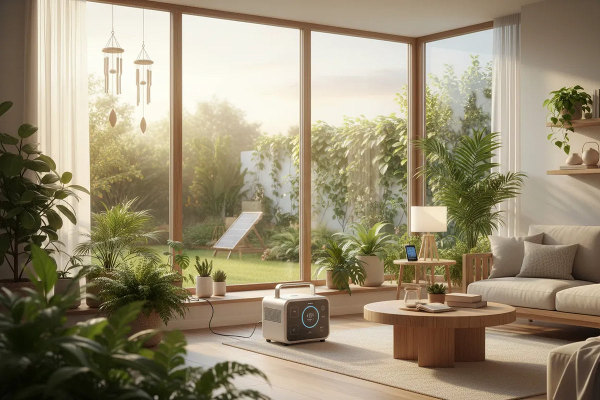 A BLUETTI Elite 320 portable power station sits in a sun-drenched, modern eco-friendly living room. The compact LiFePO4 battery is connected to a home office setup, demonstrating a sustainable solar energy solution for indoor portable power backup