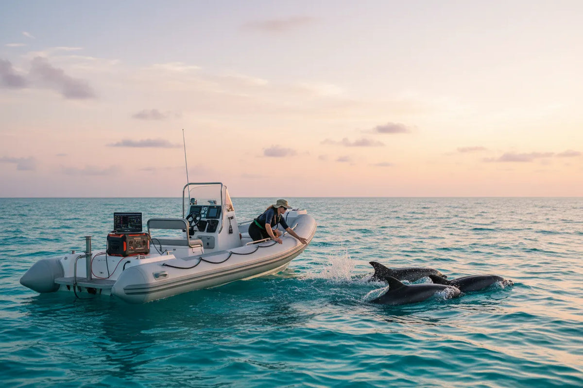 A marine researcher uses a portable power station to power a laptop and sonar equipment on a small boat near a pod of dolphins. The BLUETTI Elite 320 provides silent, emission-free electricity for professional field research and maritime use.