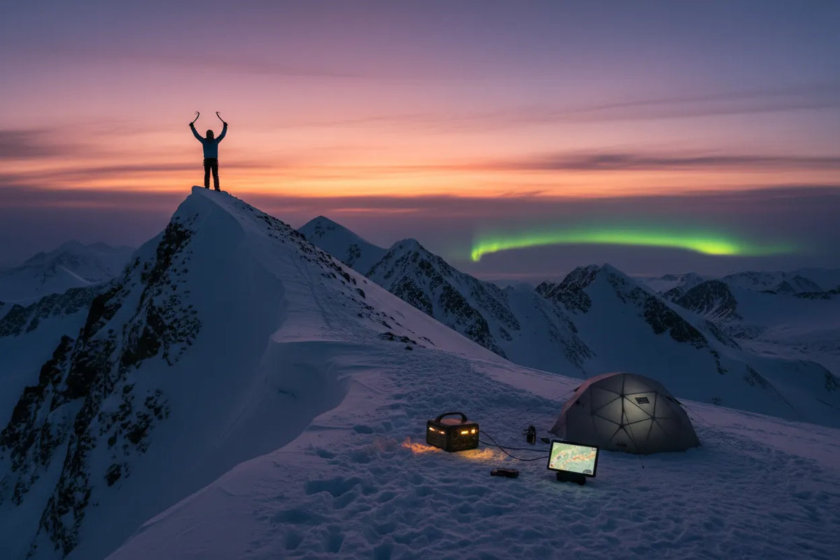 A rugged portable power station provides critical energy for a tablet and basecamp equipment on a snowy mountain peak under the Northern Lights. The BLUETTI Elite 320 proves its reliability in freezing temperatures for off-grid winter adventures