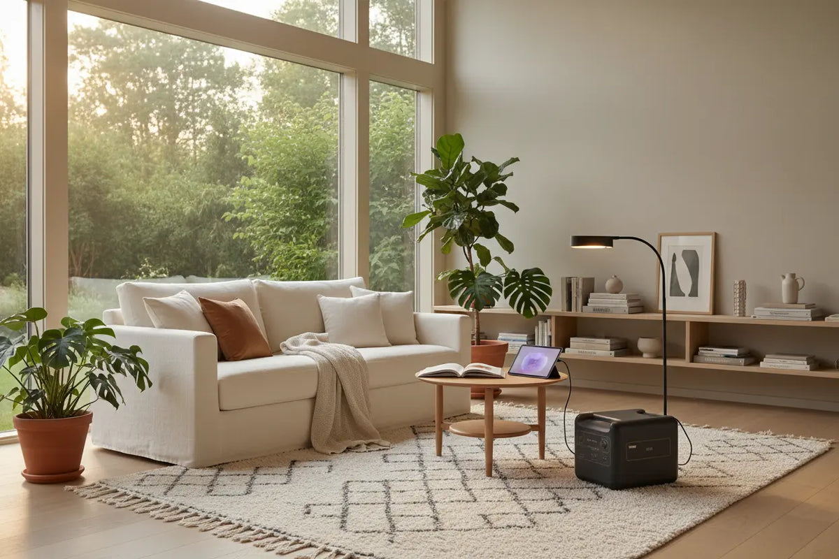 A compact portable power station powering a modern laptop and floor lamp in a bright, minimalist European living room. This eco-friendly home battery backup sits on a rug near a white sofa, providing off-grid energy for remote work and indoor lighting