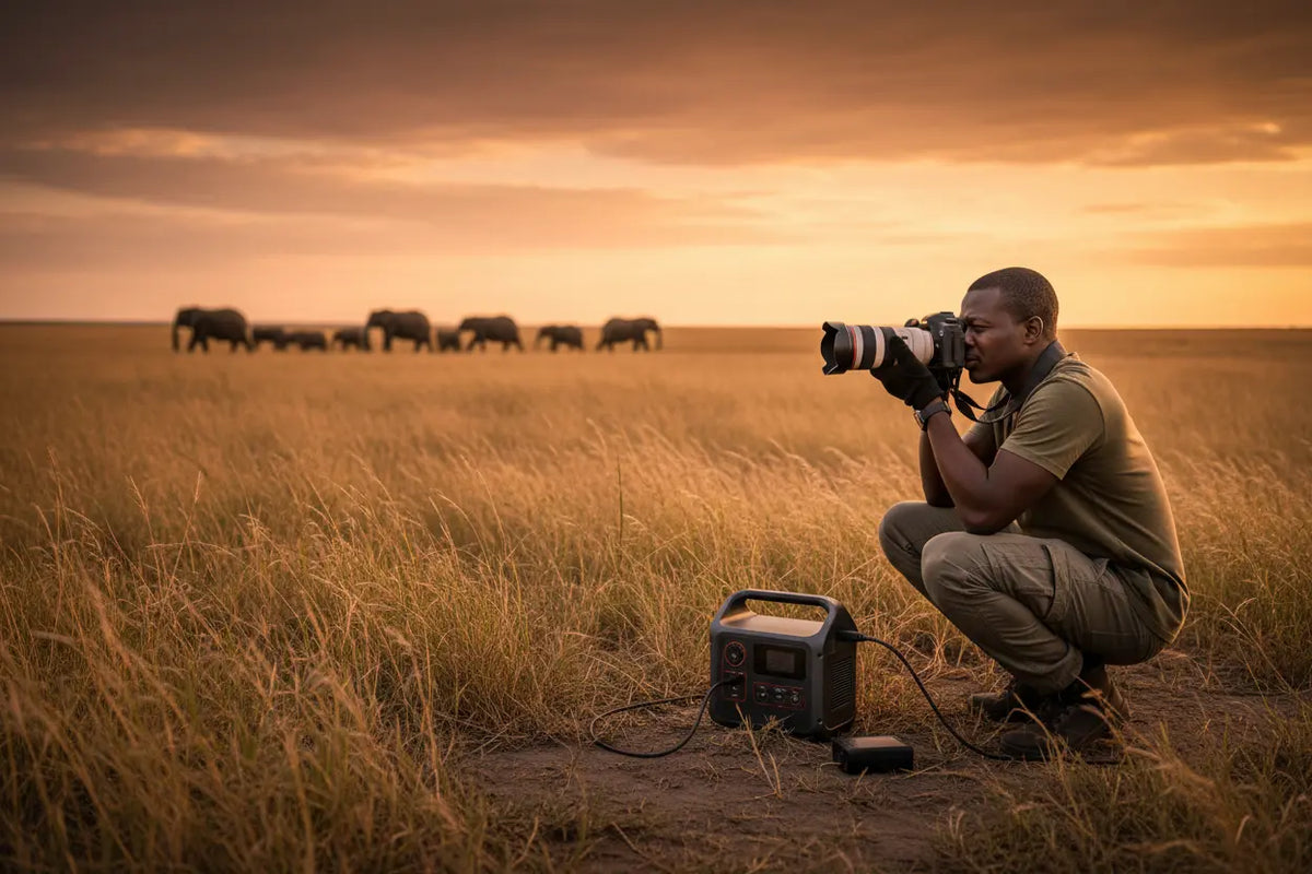 A wildlife photographer charging professional camera equipment with a portable power station during a savanna sunset. The silent, emission-free power source allows for charging gear in the field without disturbing nature or animals.